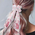 2 Piece Axolotl Elastic Ribbon Bow Hair Ties Pink Cherry Blossom Knotted Bow Satin Ponytail Holder for Women Stylish Scarf Scrunchies with Long Tails