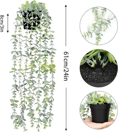 2Pcs Fake Hanging Plants with Pot Eucalyptus Leaves Fake Vines | UV Resistant - Image 3