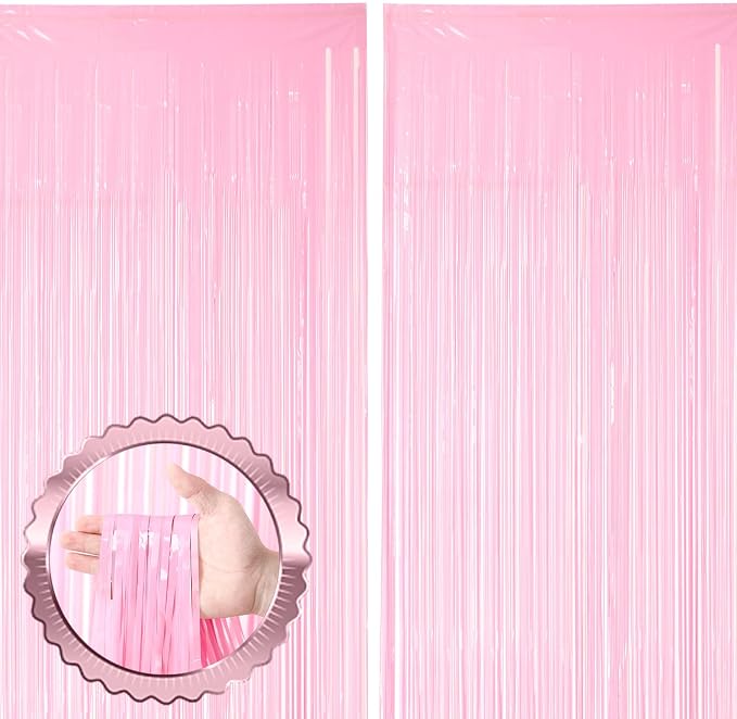 Voircoloria Pastel Pink Foil Fringe Backdrop Curtains, 2 Pack | Tinsel Streamers by Voircoloria