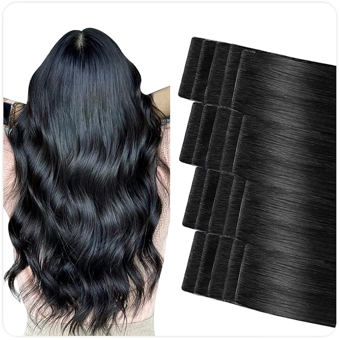 SUYYA Invisible Tape in Hair Extensions Human Hair Jet Black Seamless Injected Hand-Tied Pro Quality Virgin Human Hair 20PCS 50G/Pack Straight Tape Ins(18 inch #1 Jet Black)