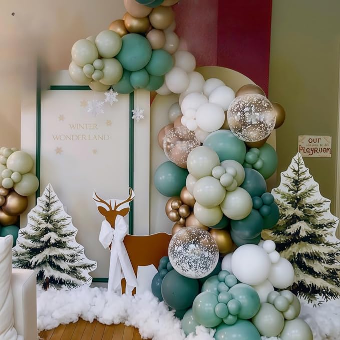 Winter Wonderland Balloon, Dark Sage Green Pastel Green White Metallic Gold - Image 5