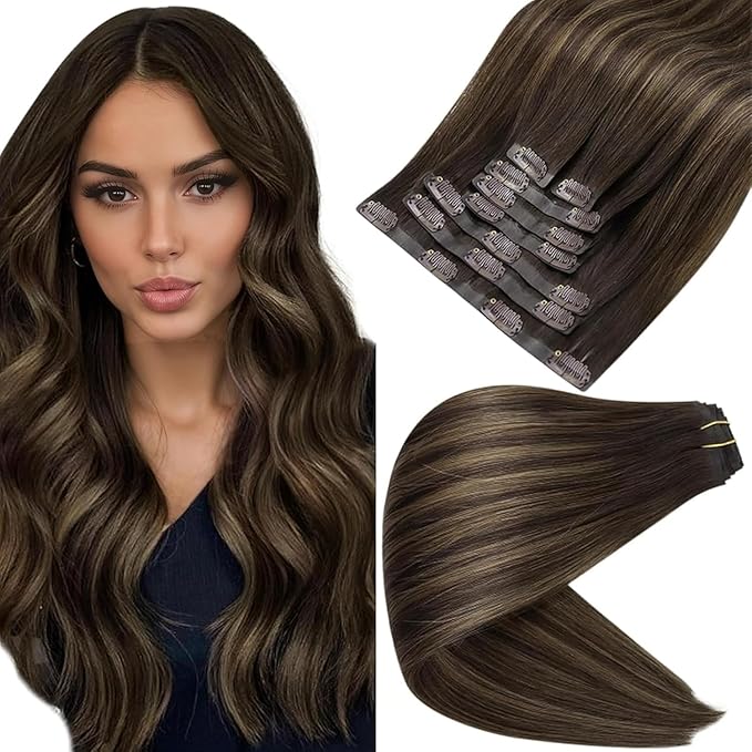 Full Shine Brown Balayage Hair Extension Clip ins Short Clip in Hair Extensions 12 Inch Dark Brown to Light Brown with Blonde Remy Hair for Daily Wear 8 PCS 95G