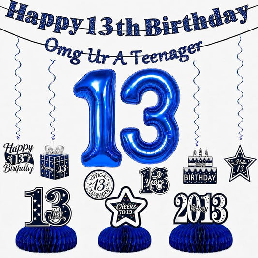 13th Birthday Decorations For Boys, Pre-Strung Navy Blue Happy 13th Birthday & by Unknown