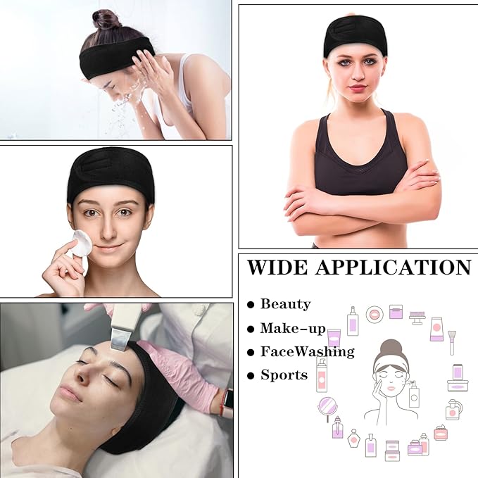 30 Pcs Spa Headband, Facial Head Wrap for Women Adjustable Makeup Stretch Towel with Tape Fit Face Washing Shower Facial Mask Yoga(Black)