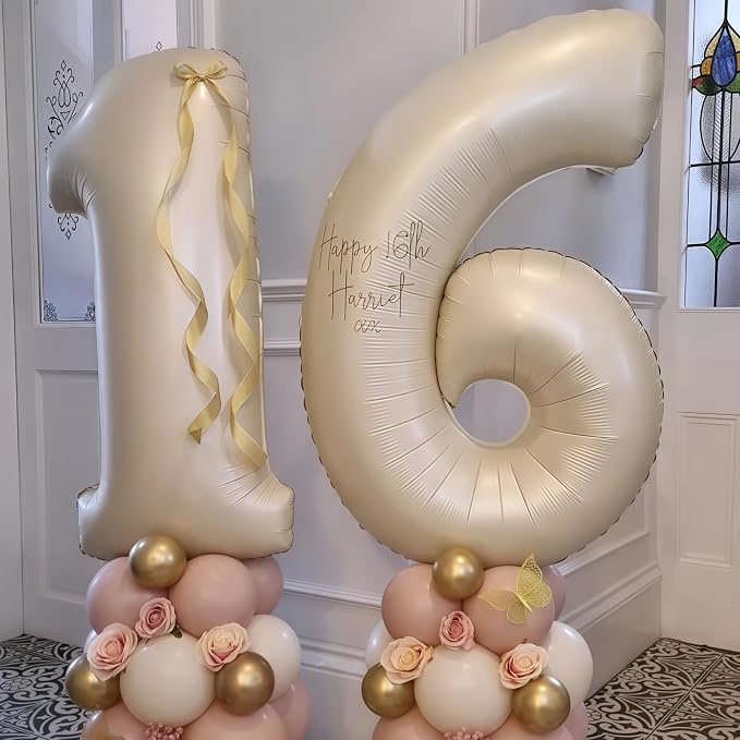 Cream Number 16 Balloons, 40 Inch 16 Balloons Giant Helium Foil Mylar Beige 16 - Image 2