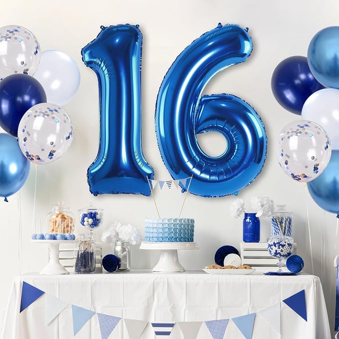 16 Balloon Number Blue, Big Number 16 Balloon Pastel Navy Dark Blue - Image 5
