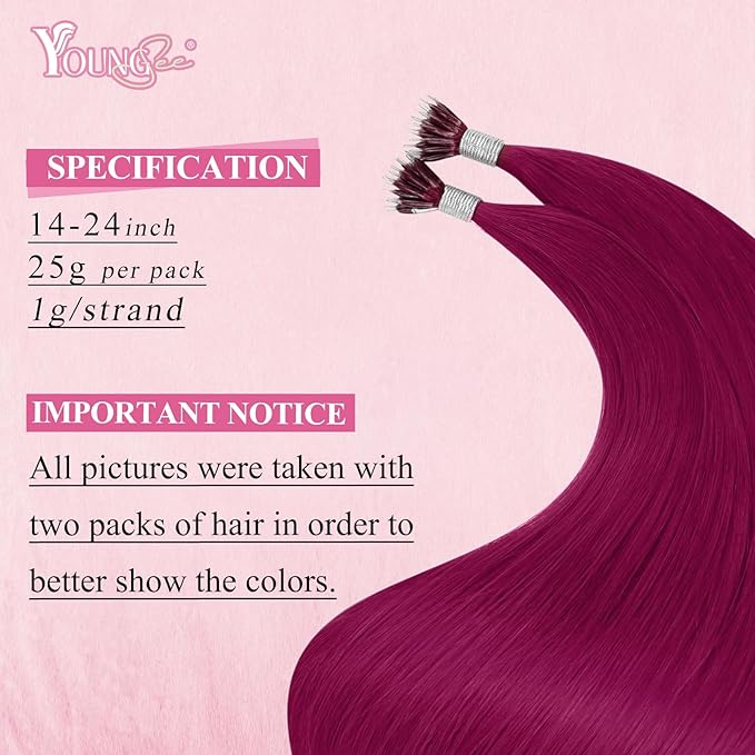 YoungSee Nano Ring Hair Extensions Magenta Nano Human Hair Extensions Burgundy Nanobead Hair Extension Human Hair Colorful Nano Hair-Extension Colored for Role Playing 25s 25g 20inch