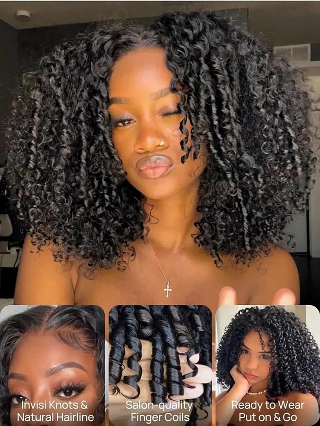 Julia Hair 7x5 Lace Water Curly Texture Wig With Finger Coil Ends Glueless Wigs Human Hair Put On and Go Invisible Lace Pre Plucked Pre Cut Bleached Knots Natural Hairline 16 Inch