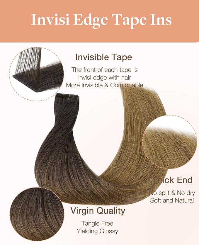 GOO GOO Invisi Edge Tape in Hair Extensions Human Hair, 1D/2C/4E Chocolate Dip Color Melt, 10pcs 24inch 30g, Virgin Remy Hair, Seamless Injected Tape, Natural Look