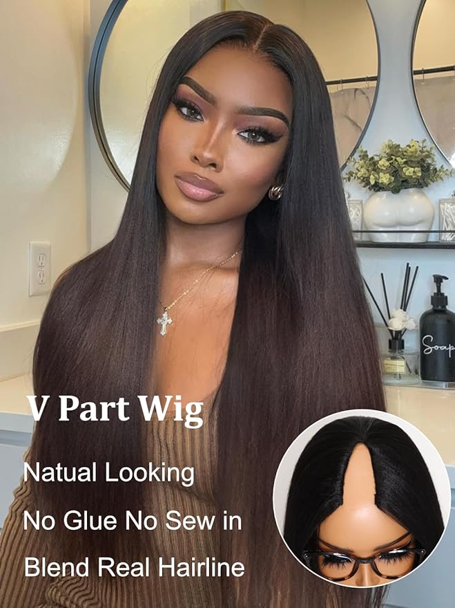 YIROO V Part Human Hair Wig - Ombre Chestnut Brown Yaki Straight Glueless No Leave Out - Upgrade U Part for Women - V Shape Clip in Half No Glue No Sew in Beginner 24 Inch