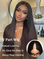 YIROO V Part Wig Human Hair No Leave Out Ombre Chestnut Brown Yaki Straight Glueless Human Hair Wig Upgrade U Part Wigs for Women V Shape Clip in Half Wig No Glue No Sew in Beginner Wig 16inch