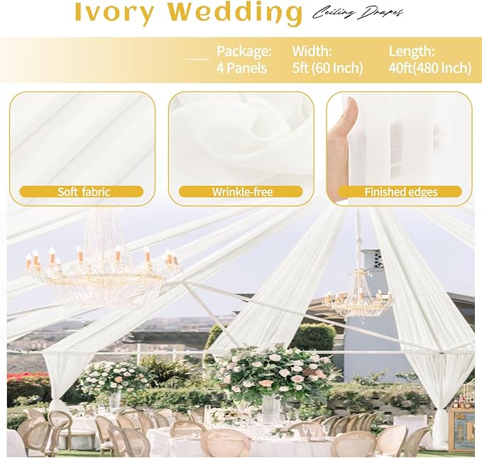 4 Panels Ivory Ceiling Drapes for Wedding Ceiling Drapes 5ftx40ft Wedding Arch - Image 4