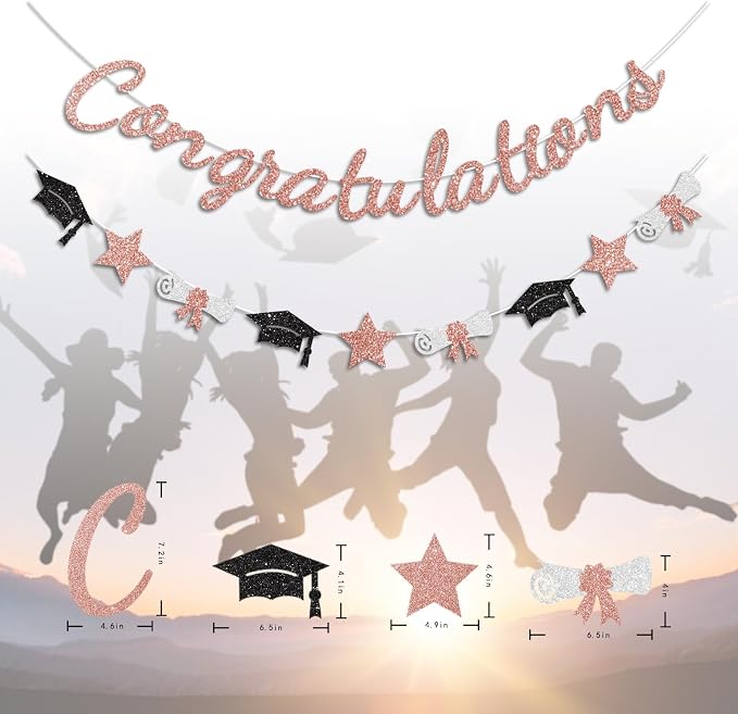 Congratulations Banner Rose Gold Graduation Decorations Class of 2026 Prestrung - Image 3
