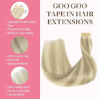 GOO GOO Tape in Hair Extensions Human Hair, 17A/60A Ash Blonde Highlighted Platinum Blonde, 14inch 50g 20pcs, Skin Weft Seamless Invisible, Silky Straight with Thick Ends, Remy Human Hair