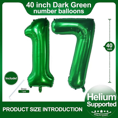 Number 17 Dark Green Balloons 40 Inch Giant Green 17 Numer Foil Helium Balloons - Image 2