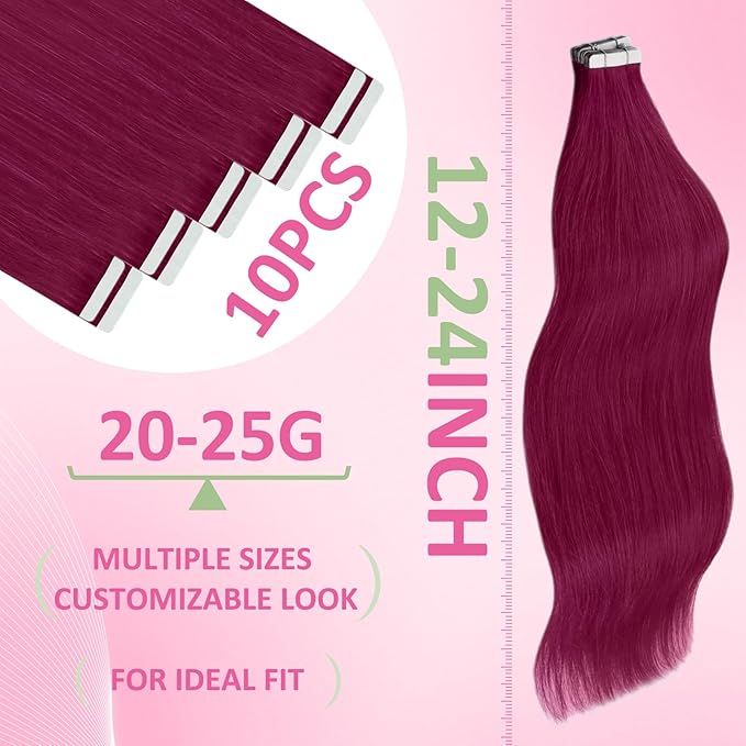 YoungSee Tape in Hair Extensions Magenta Human Hair Tape in Extensions Rosein 16 Inch Tape Ins Human Hair Extension Colored 10pcs 25g for Cosplay
