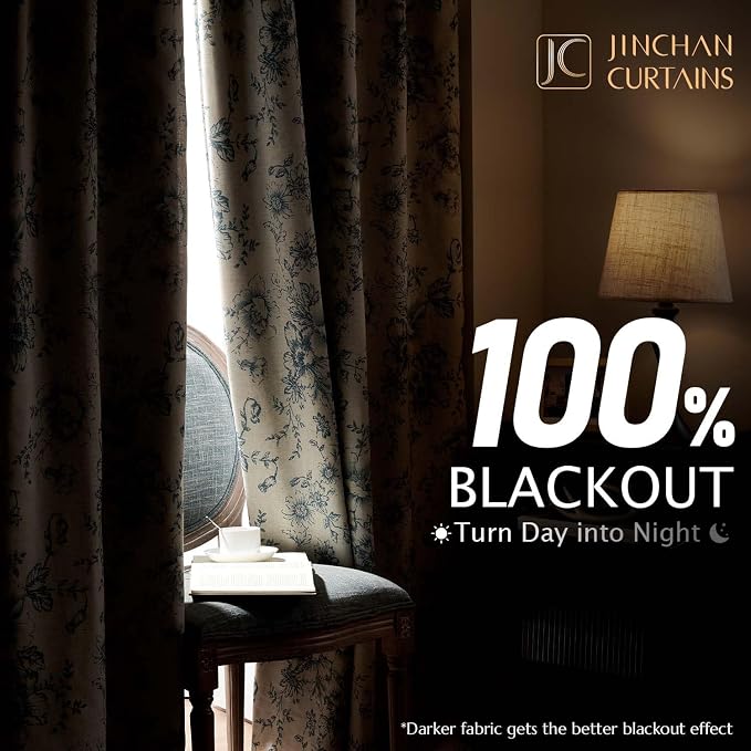 jinchan Blue Floral Linen Blackout Curtains Lined 90 Inch Back Tab 2 Panels | - Image 2