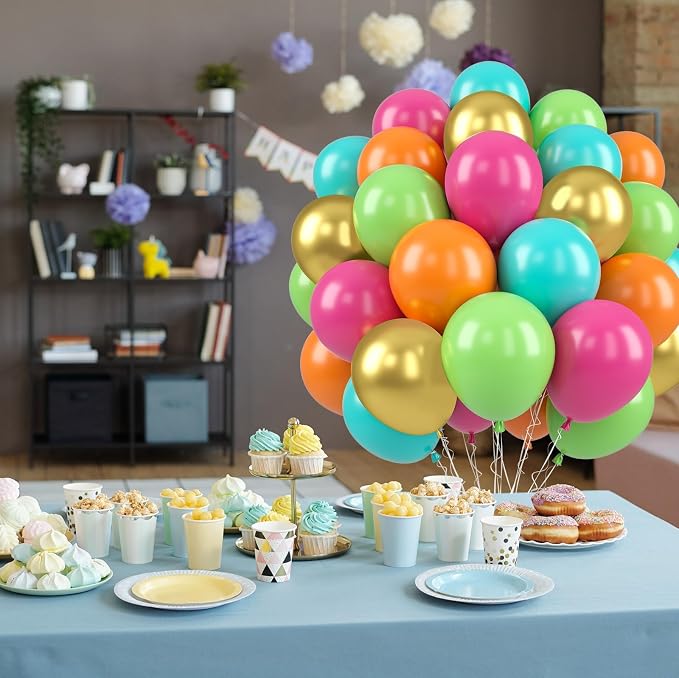 Paready Tropical Balloons Set, 12 Inch Hot Pink Orange Teal Green Metallic Gold - Image 8