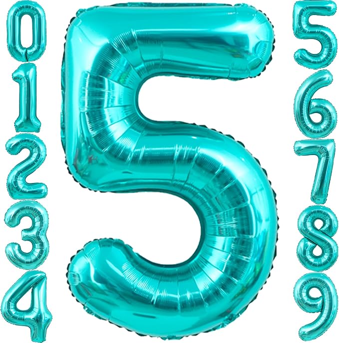 40 Inch Big Teal Blue Number 5 Foil 0-9 Mylar Helium Balloons | Large Digital by SULALABOO