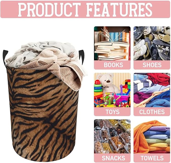 Tiger Texture Round Laundry Hamper Natural Animal Skin Print Storage Basket - Image 5