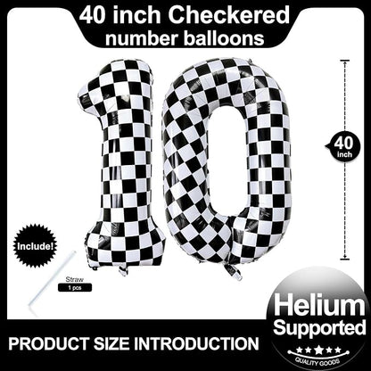 Number 10 Checkered Balloons 40 Inch Giant Race Car Checkered 10 Number Balloons - Image 2