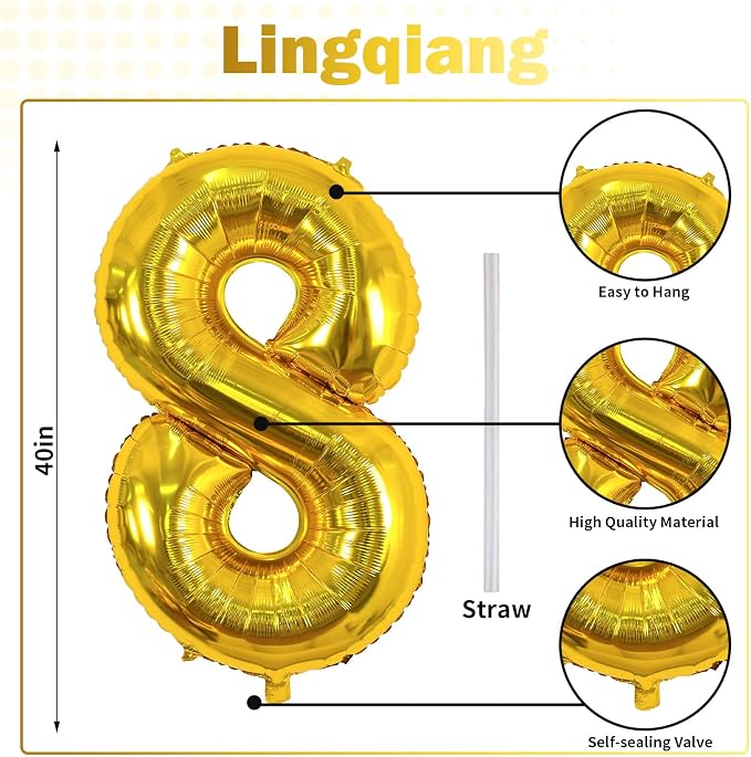 Gold Number 18 Birthday Balloons, 40 Inch Large Gold Mylar Foil Number 1 & 8 - Image 2