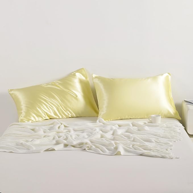 NTBAY 2 Pack Satin King Pillowcases for Hair and Skin, Luxurious and Silky Pillow Cases with Envelope Closure, 20x40 Inches, Light Yellow