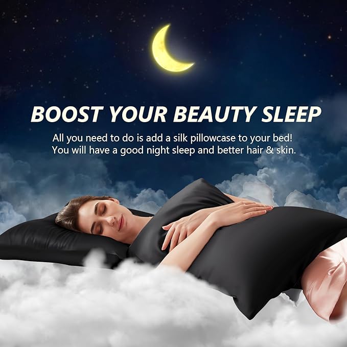 Silk Pillow Cases 2 Pack Standard Size Mulberry Silk Pillowcase Set of 2 for Hair & Skin 26 x 20 Inches 22 Momme Both Sided Grade 6A Silk Soft Breathable Cooling with Hidden Zipper, Black