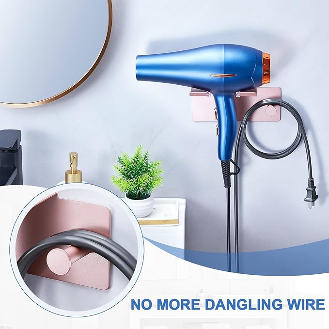 Hair Dryer Holder Wall Mounted, Blow Dryer Holder Adhesive, Metal Hairdryer Holder for Bathroom, Hair Tool Organizer with Plug&Cord for Cabinet Bathroom Bedroom Barber Shops