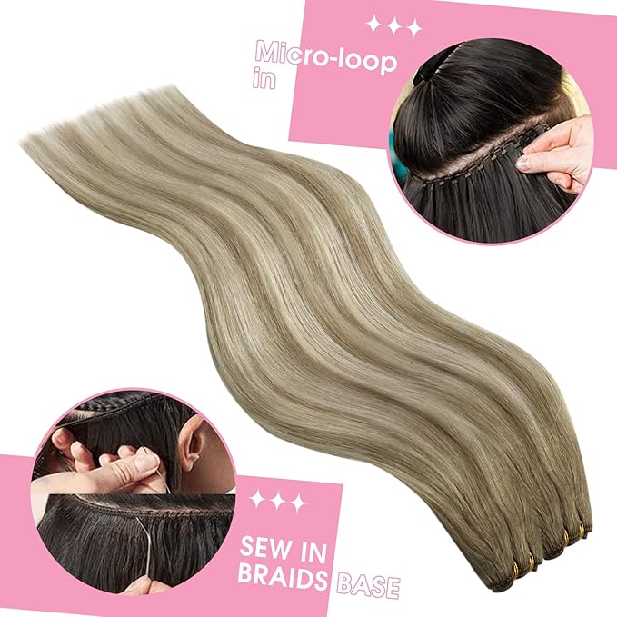 YoungSee Balayage Weft Hair Extensions Light Brown Mix Platinum Blonde Balayage Huamn Hair Weft Extensions One Piece Human Hair Extensions Sew in 22in 100g