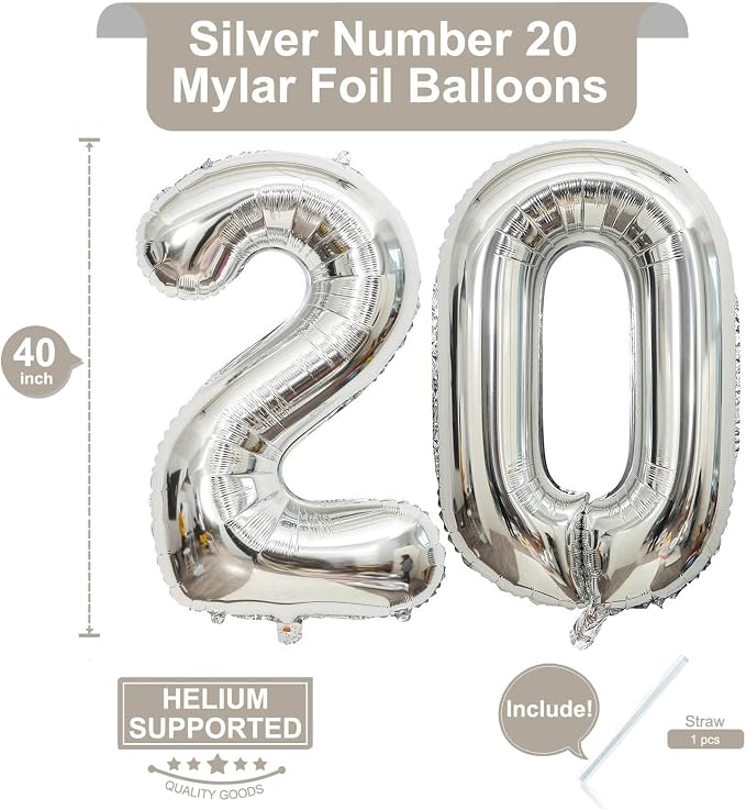 40 Inch Silver 20 Number Balloons Giant 20 Balloons Silver Birthday 20 Balloons - Image 2