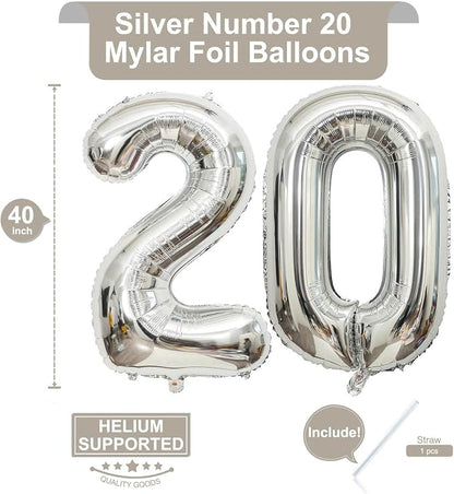 40 Inch Silver 20 Number Balloons Giant 20 Balloons Silver Birthday 20 Balloons - Image 2