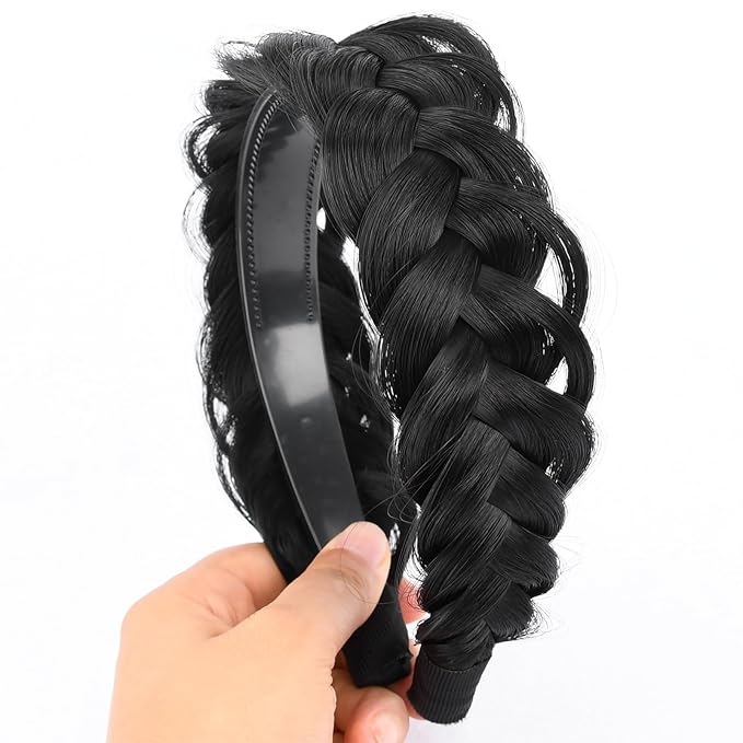 DIGUAN Wide Messy Braided Headband With Teeth Synthetic Hair Plaited Headband High Elasticity Braids Chunky Fishtail Braided Hair Band Hairpiece for Girls Women Beauty Accessory (Black)