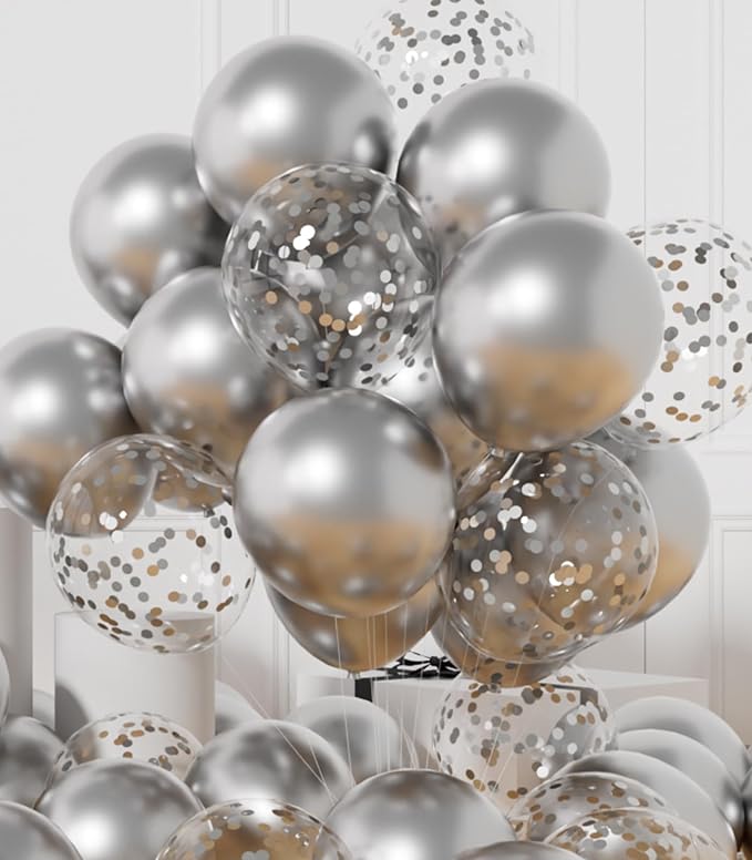 AULE 42Pcs Metallic 12 Inch Silver Confetti Balloons Set | Silver Party Balloons by AULE