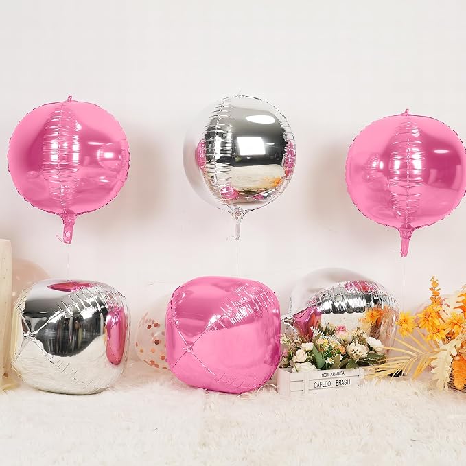 6Pcs Pink Silver Round Foil Balloons, Giant 4D Round Ball Balloon, 22 Inch - Image 4