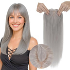 Real Human Hair Toppers for Women 3.54"*4.72" Silky Base 150% Density With Bangs Adjustable Parting Clip-In Topper Hairpieces for Women with Thinning Hair 14 Inches Silver Grey