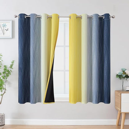 Navy Blue and Yellow Blackout Curtains 45 Inch Length, Full Light Blocking by ESTELARTEXTILER