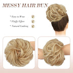 FESHFEN Messy Bun Hair Pieces - Large Wavy Curly Elastic Hair Bun Scrunchies Ponytail Extensions Synthetic Chignon Hairpieces for Women, Dark Golden Mix Beige Blonde 1.94oz
