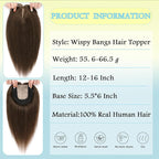 Hair Toppers for Women Real Human Hair, 360° 3D Toppers Pieces for Women with Thinning Crown Wispy Bangs 14 Inch Upgrade Big Basement (Medium Brown, 14 Inch Wispy Bangs)