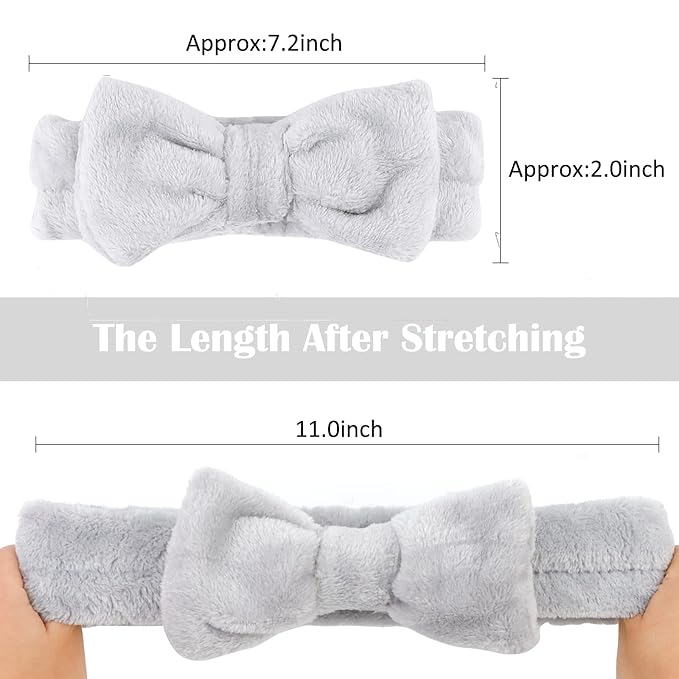 Casoty 6 Pcs Grey Spa Headband, Bow Hair Band, Soft Coral Fleece Makeup Headband, Hair Band for Washing Face, Skincare Headbands for Face Washing Shower Skin Care Yoga