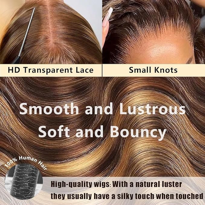 34 Inch Ombre Highlight Wig 220 Density 13x6 HD Lace Front Wigs Human Hair Body Wave Wig Honey Blonde Lace Front Wig Pre Plucked P4/27 Colored for Women Human Hair Wig