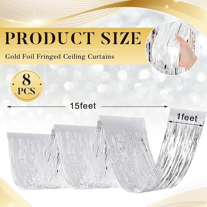 8 Pcs 15ft Silver Metallic Foil Ceiling Fringe Curtains, Party Decor Fringe - Image 2