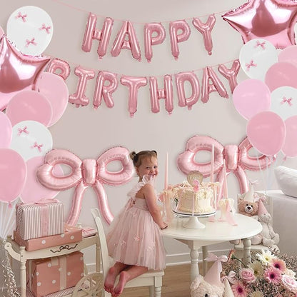Bow Party Decorations Pink Happy Birthday Balloons Banner Pink Birthday - Image 3