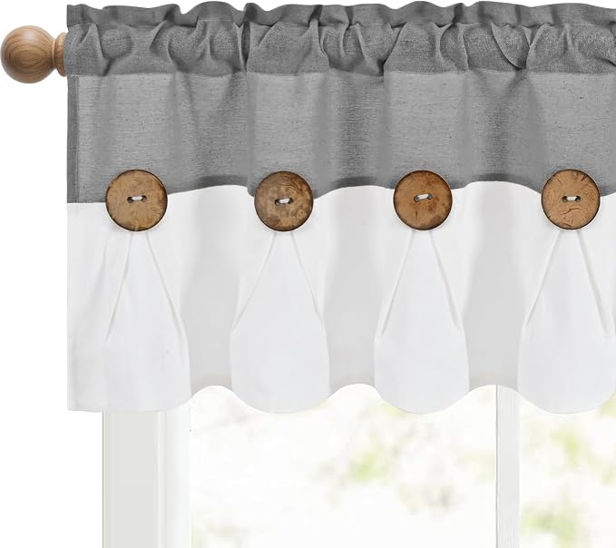 Farmhouse Valance Curtains, Boho Cotton Linen Kitchen Valance, Rustic Button - Image 8