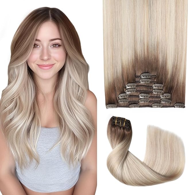 Pro2.0 Clip in Hair Extensions Real Human Hair 22inch 7pcs #8/60/18 Ash Brown to Ash Blonde Mix Platinum Real Hair Extensions Clip in Human Hair 120g（#8/60/18-22inch）