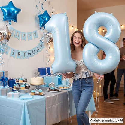 Baby Blue Number 18 Balloon 40 Inch, Sky Pastel Foil Digit Party Supplies | - Image 2