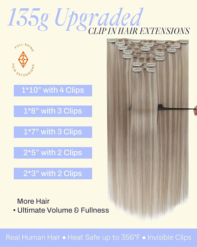 Full Shine Clip in Extensions Ash Blonde Highlighted Bleach Blonde Remy Clip in Hair Extensions for Volume Thick Real Human Hair 135 G 18 Inch 7 Pcs