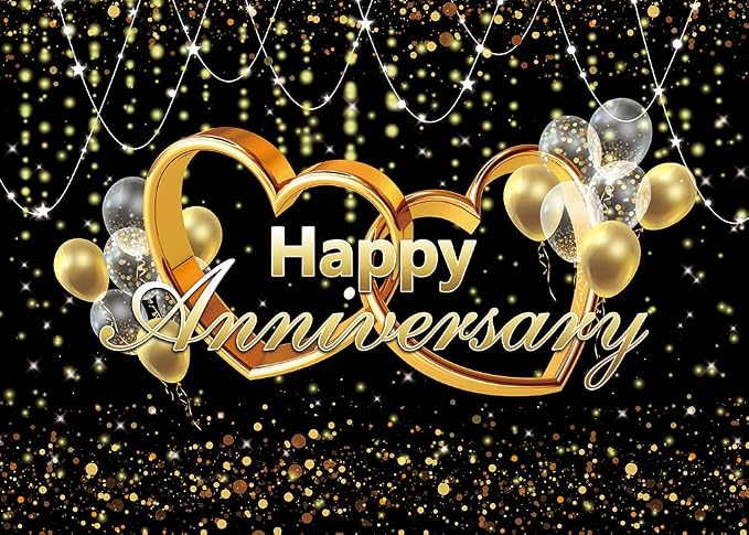 Happy Anniversary Backdrop Black and Gold Balloons Photography Background Poster - Image 7