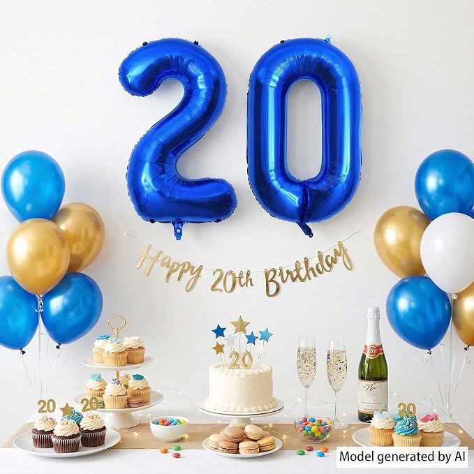 Navy Blue Number 20 Balloon 40 Inch, Shiny Metallic Numeral Party Supplies | - Image 6