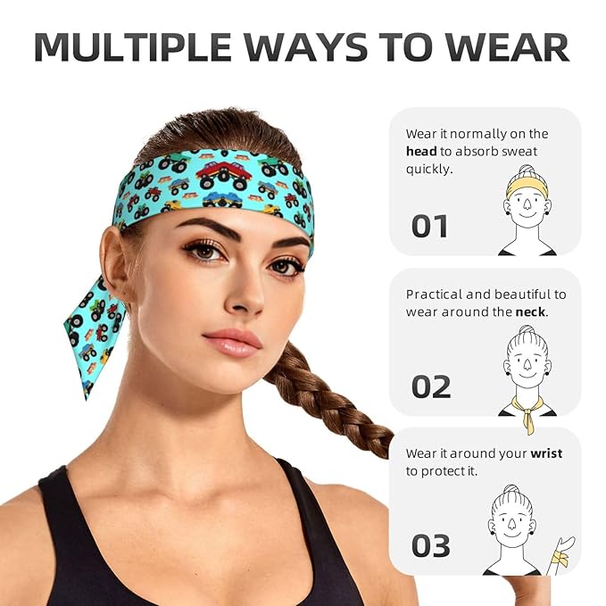 Men Women Novelty Sports Sweatbands Head Decor for Running Athletic Shower, Elastic Multifunction Monster Truck Cartoon Head Ribbon Headdress